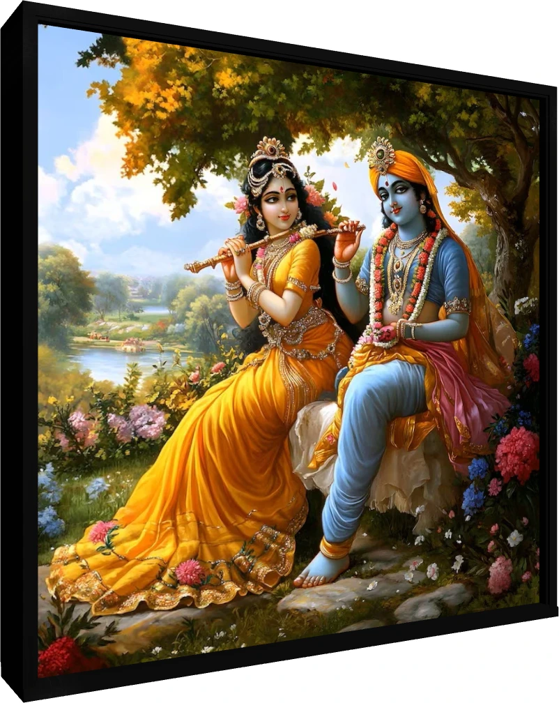 Devotional painting of Radha in a yellow lehenga holding a flute, sitting next to Krishna in a blue dhoti under a lush tree. — floater frame preview | PrintPosters.in